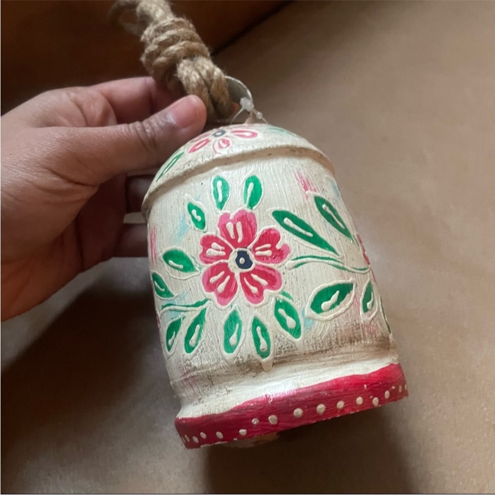 🌸 Hand Painted from India Floral Flower Cottagecore Prairie Bell w/ Rope Hanger
